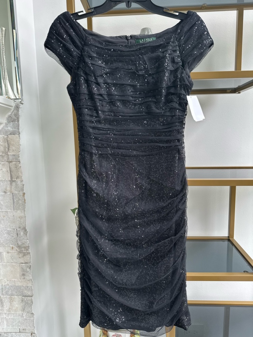 Lauren Ralph Lauren Black Sequin Ruched Midi Dress